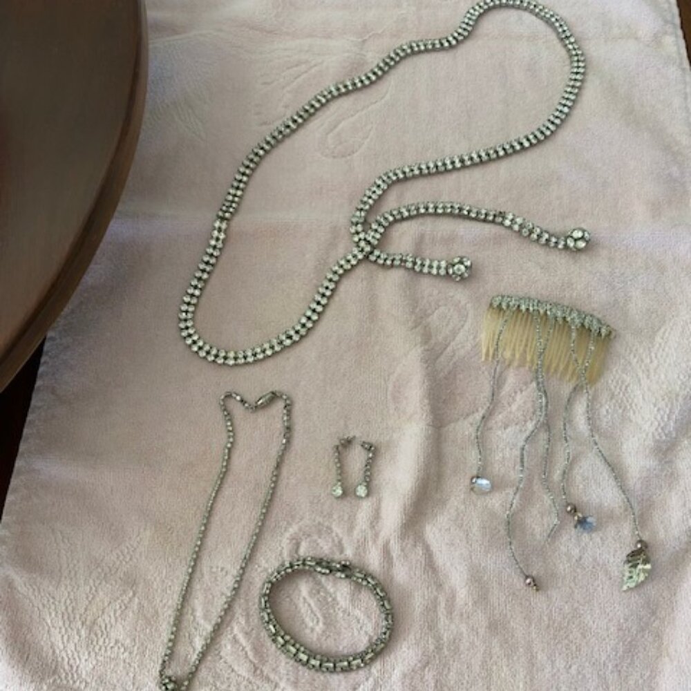 Vintage 5pc ANTIQUE SILVER & RHINESTONE Belt BRACELET Necklace EARRINGS HairClip